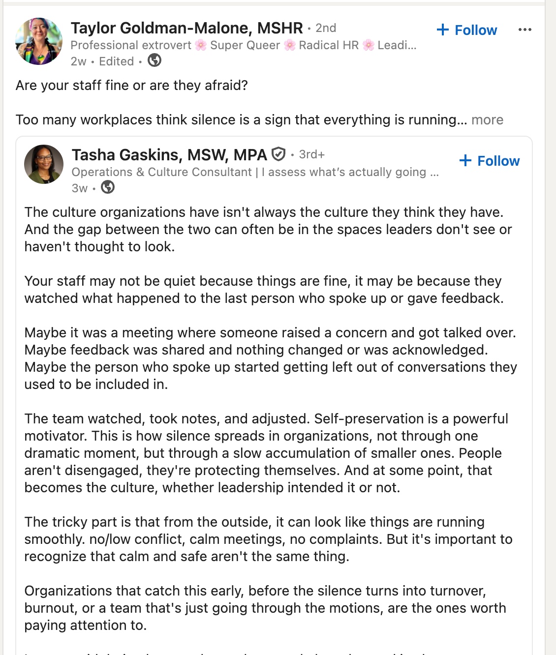 LinkedIn discussion screenshot: why respondents doubt anonymous feedback tools.