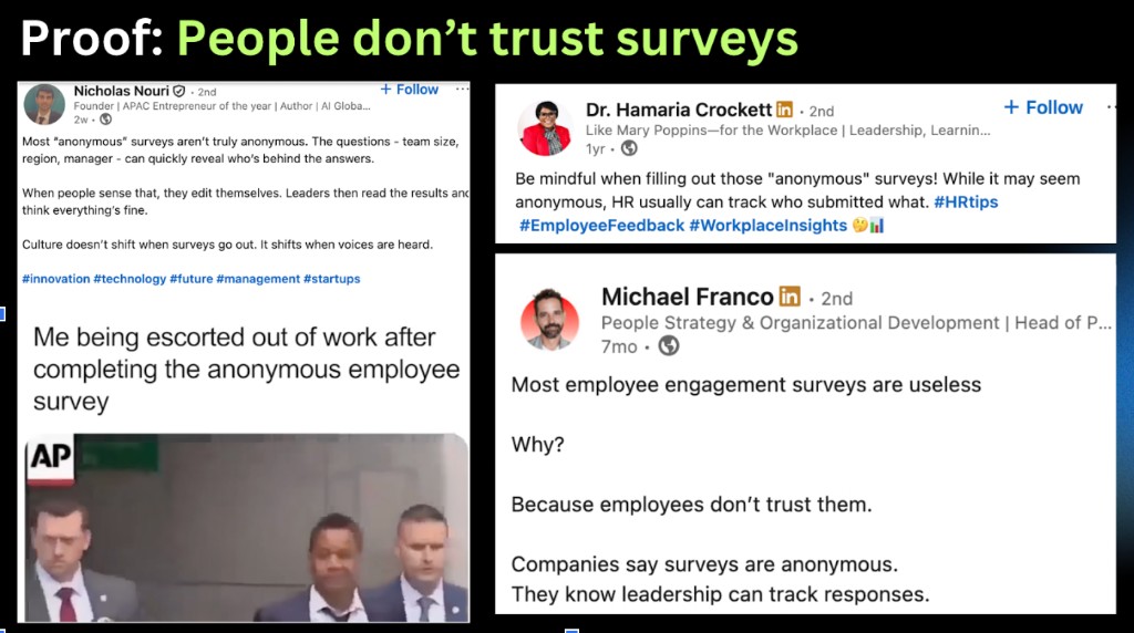 Collage of social posts: people often do not trust surveys that claim to be anonymous.